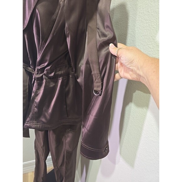 Chocolate Brown Suit Womens 10 Jacket Pants Satin Belted Stretch Ponte Collared - Picture 3 of 12